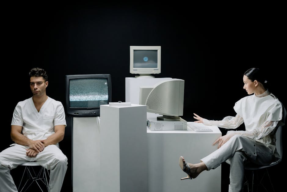 A futuristic office setting with an AI receptionist interacting with customers while showcasing graphs and data from a CRM system.