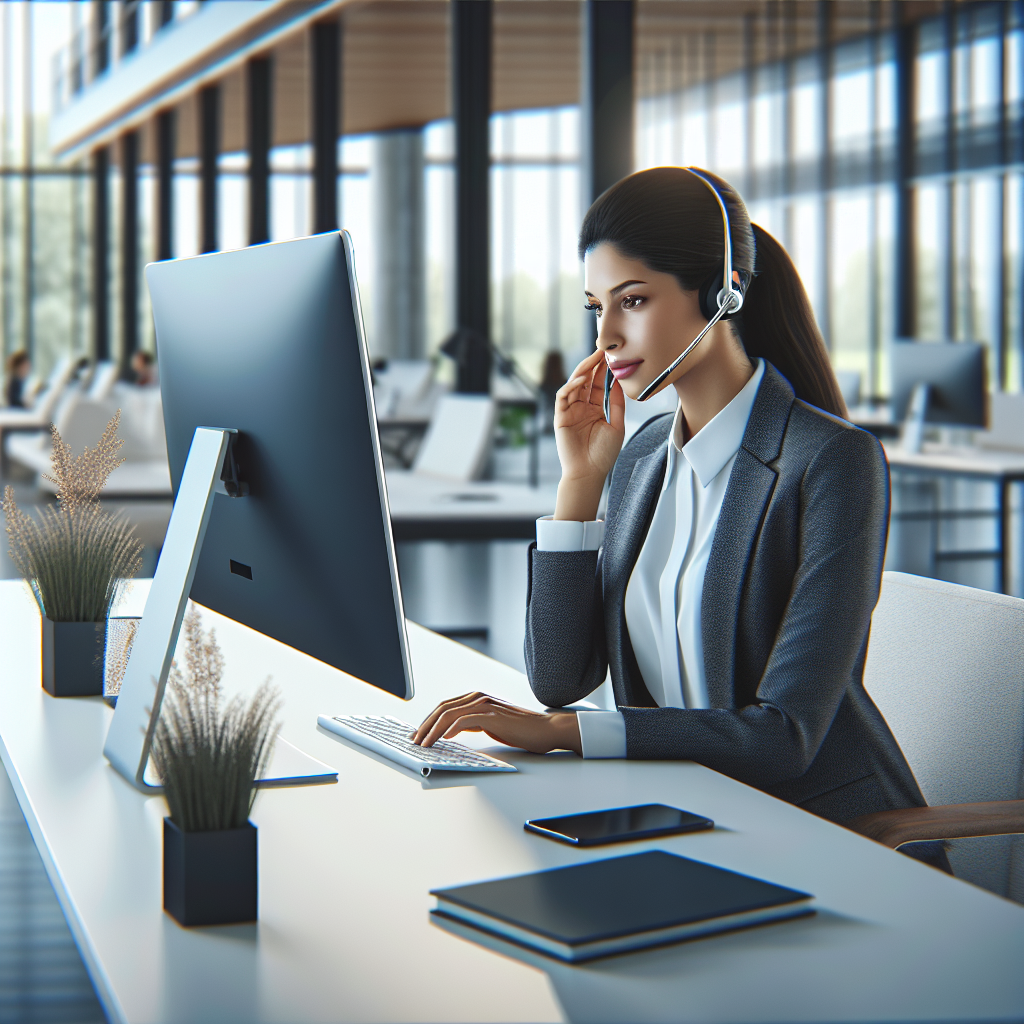 An image showcasing a person using a computer for phone calls while working in a modern office space.