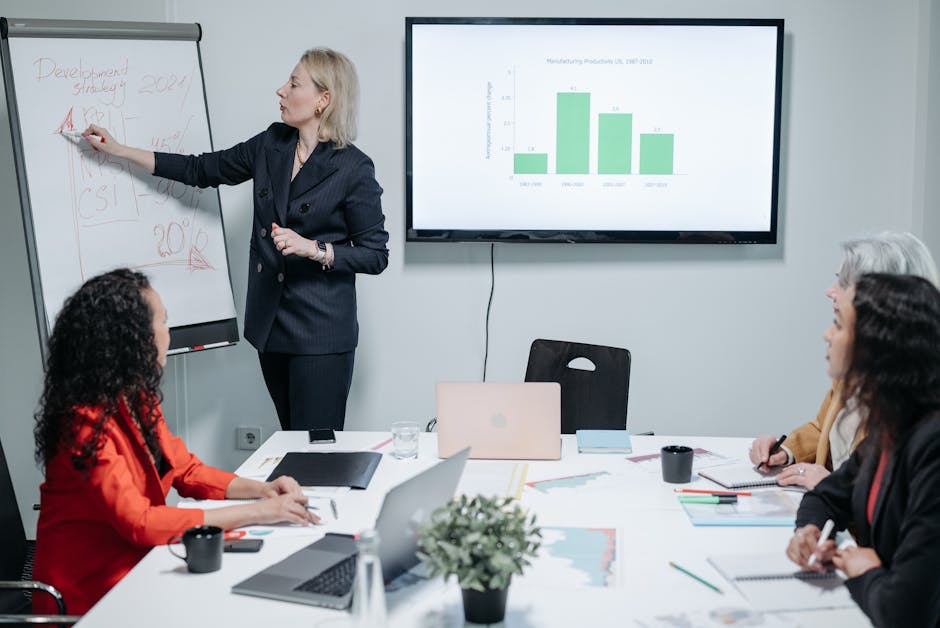 A creative and vibrant illustration of a business team discussing their AI receptionist strategy with visuals of clock icons representing time management.