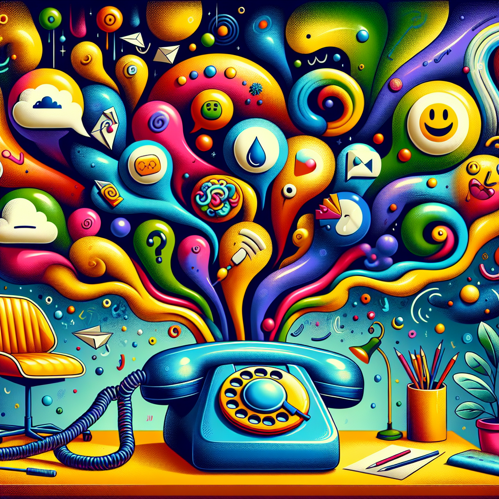A colorful illustration depicting a whimsical phone with cartoonish speech bubbles, showcasing funny voicemail messages in a vibrant office background.