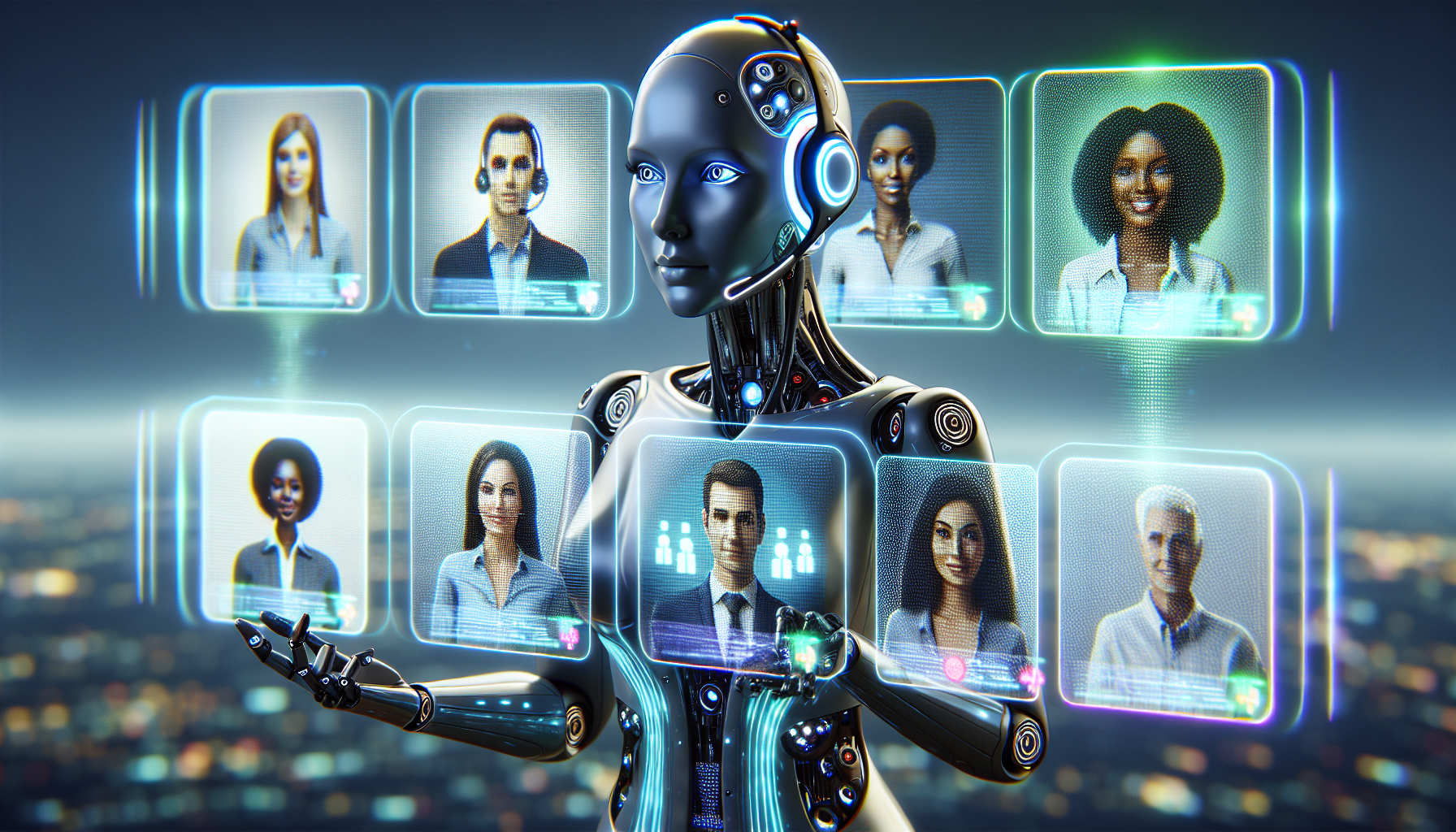 A futuristic representation of an AI receptionist handling multiple customer calls simultaneously