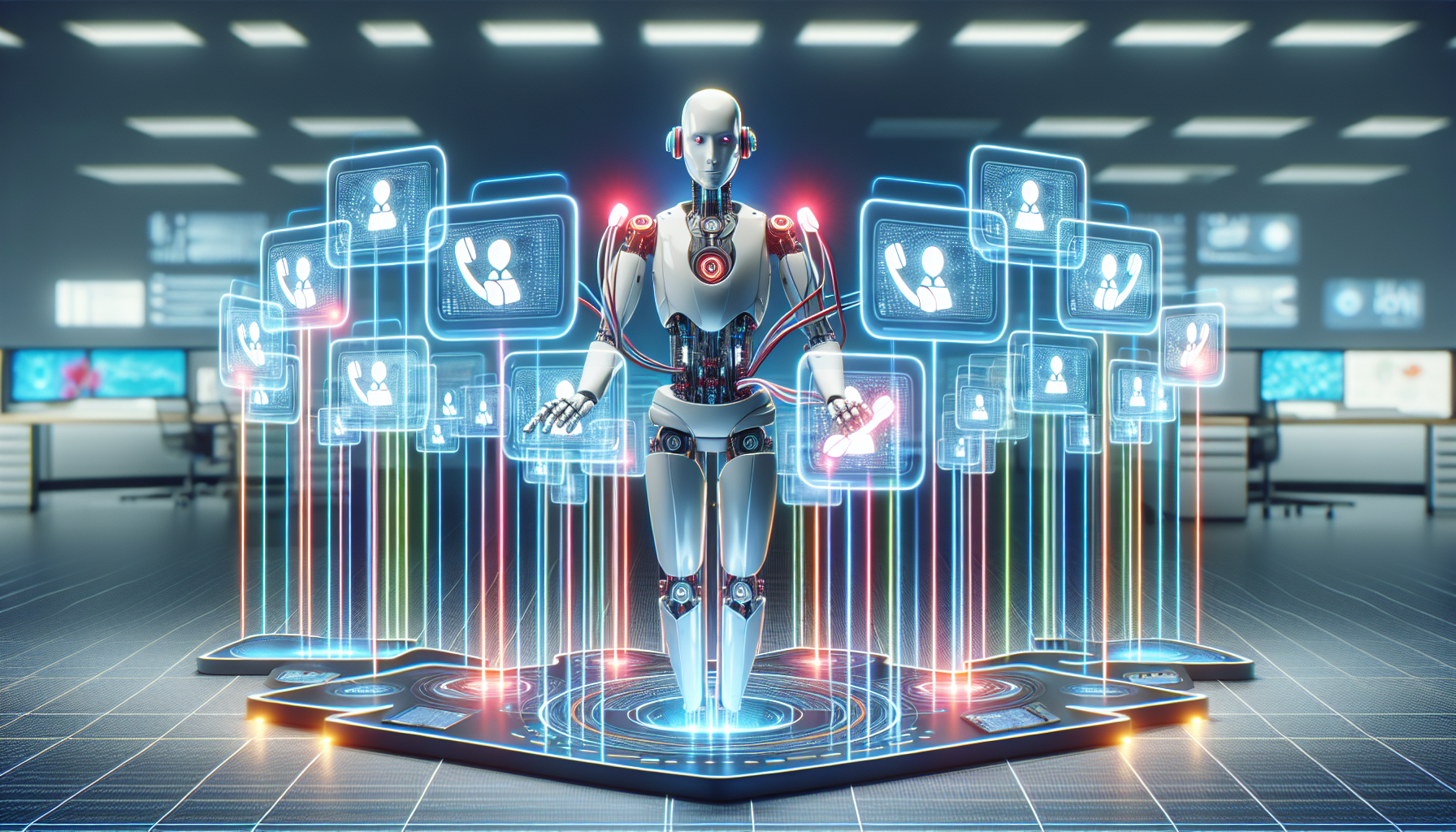 An illustration showing an AI receptionist handling multiple incoming calls simultaneously with ease.