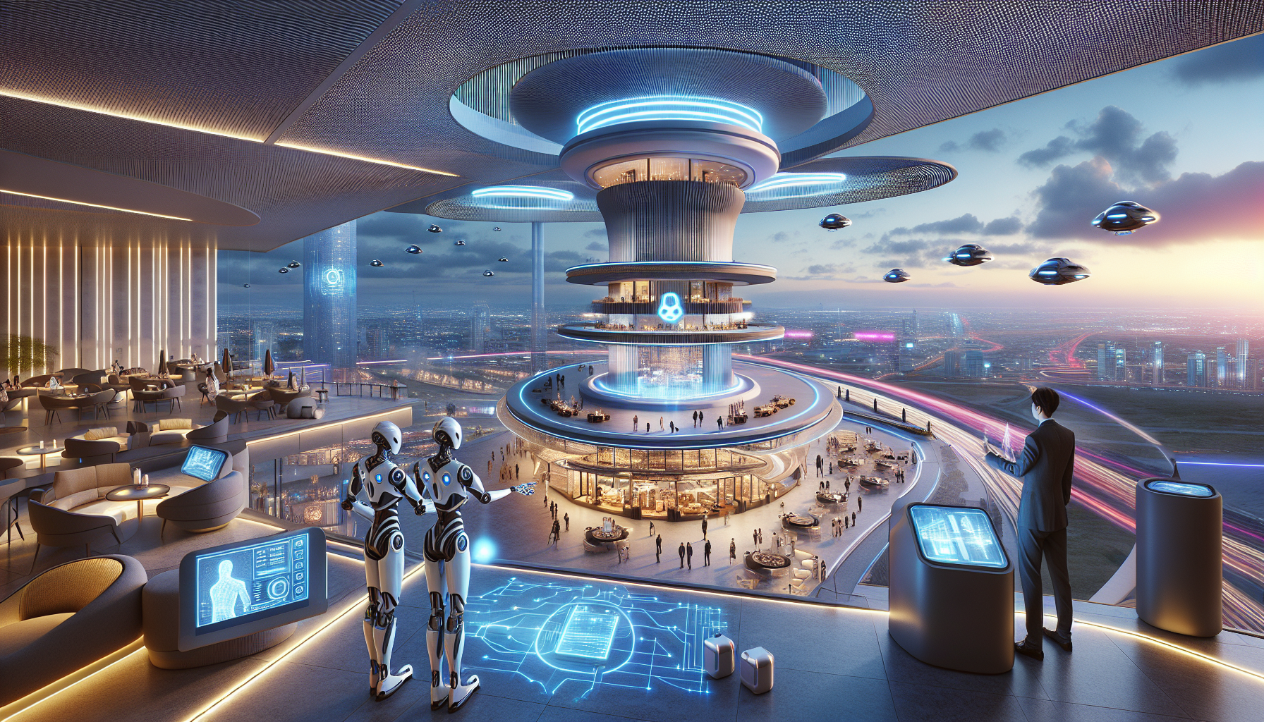 An artist's depiction of a futuristic hotel managed entirely by AI