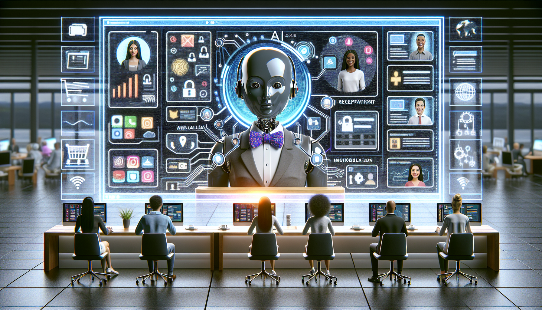 An illustration of an AI receptionist assisting multiple customers at once in an online store.