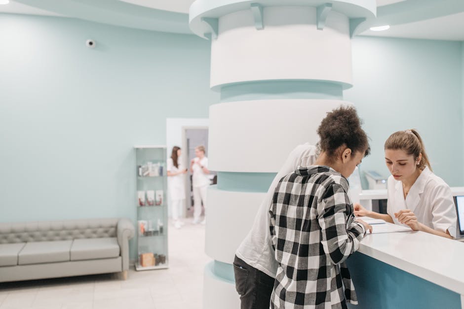 An image illustrating a friendly medical receptionist speaking on the phone, with a patient interaction chart in the background.
