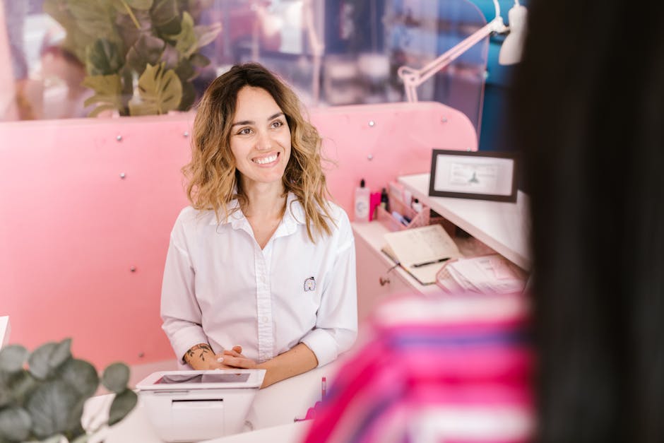 A welcoming front desk setting, highlighted with friendly staff interacting with customers.
