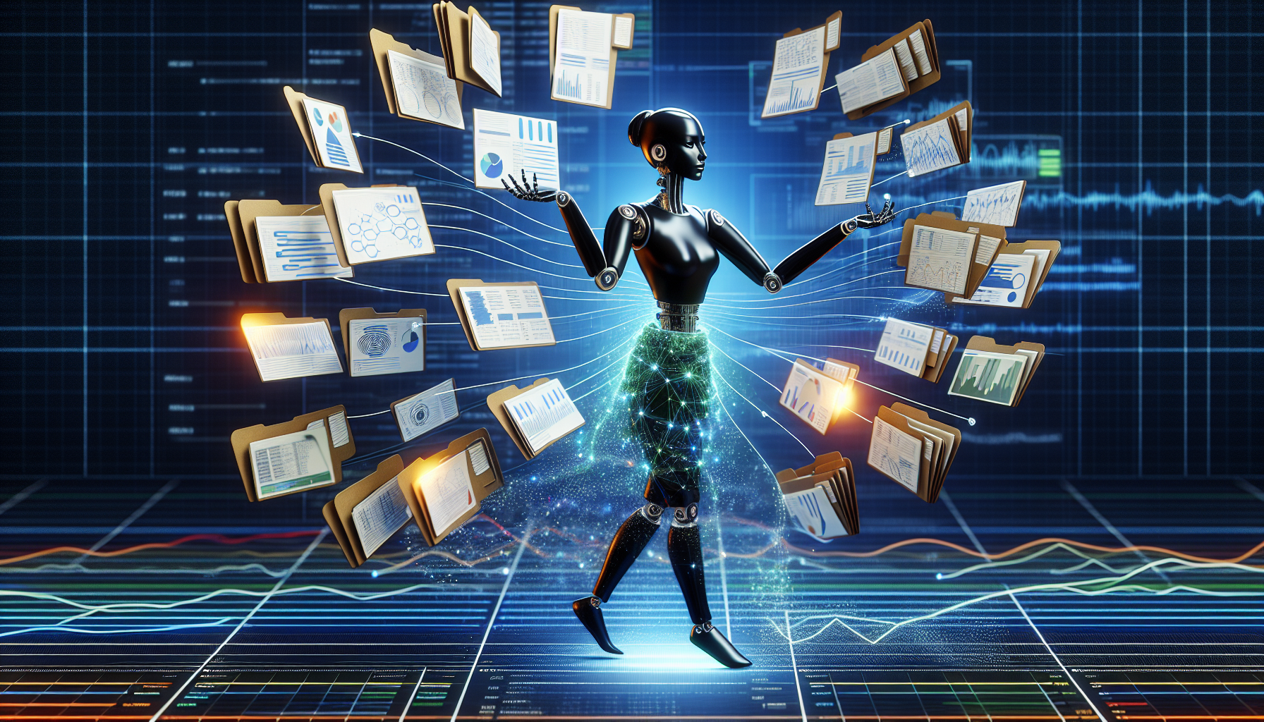 An illustration showing an AI receptionist juggling multiple data files, representing the challenge of data management.
