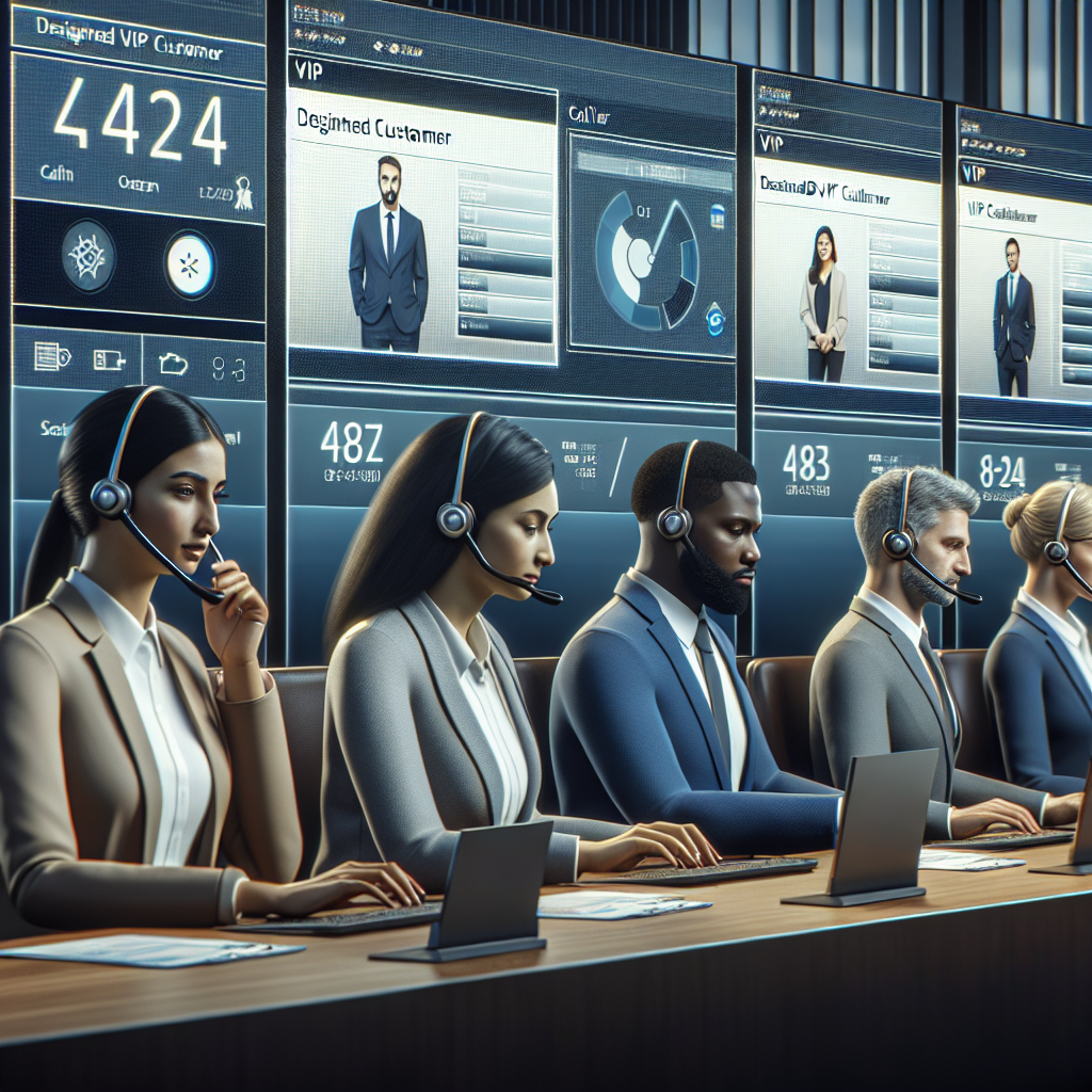 A collage of a business team prioritizing calls on large digital screens in an office setting. The team focuses on designated VIP customer calls.