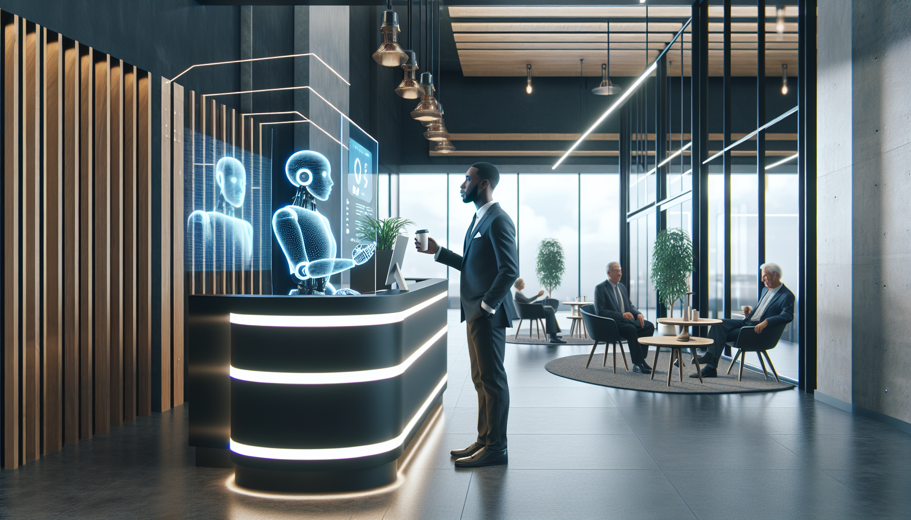 An image depicting a modern office lobby with an AI receptionist interacting with an employee