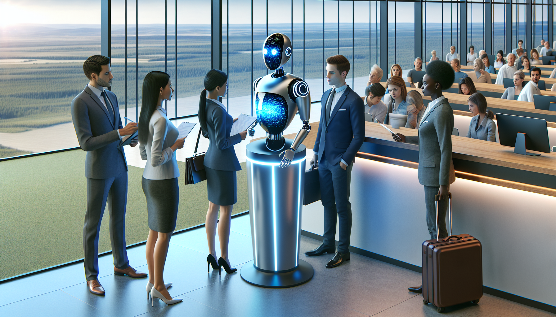 An illustration showing an AI receptionist interacting with people in a reception area.