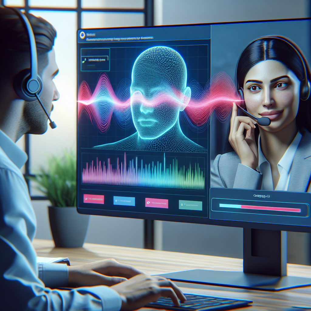 An illustration showcasing a customer service representative speaking with a customer over a voice call, accompanied by emotion detection software