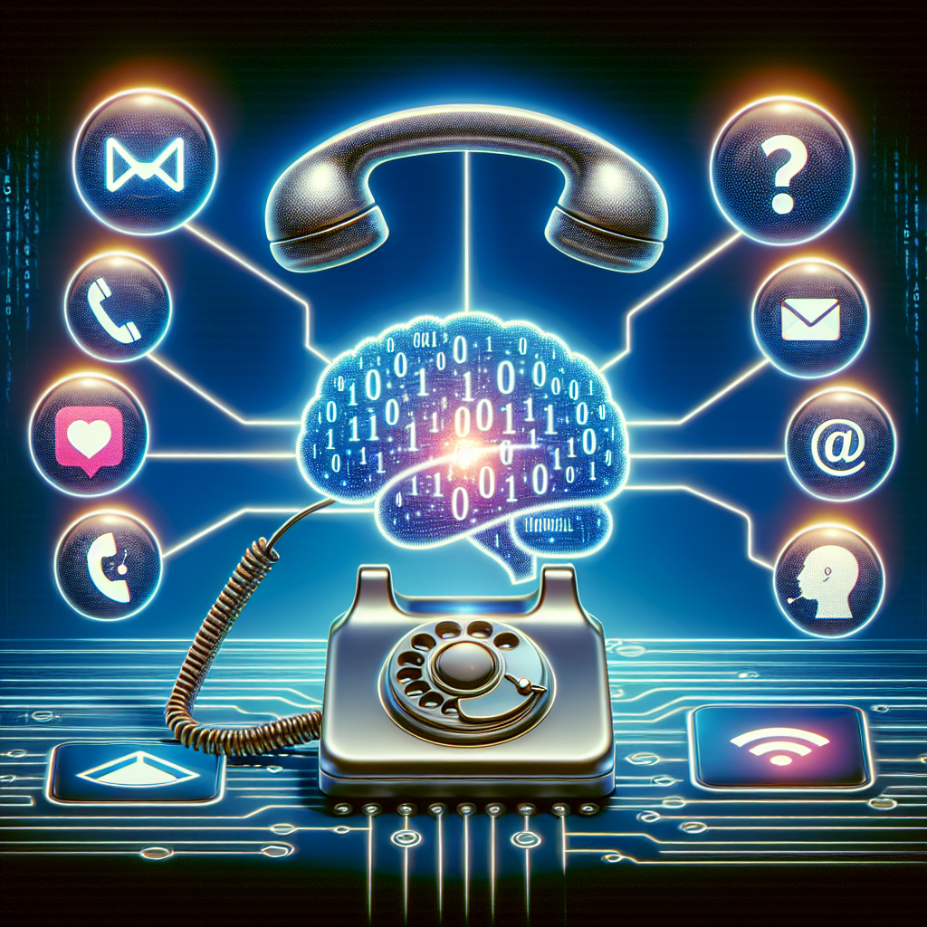 An image illustrating various customer interaction channels including phone, email, social media, and live chats monitored by an AI system