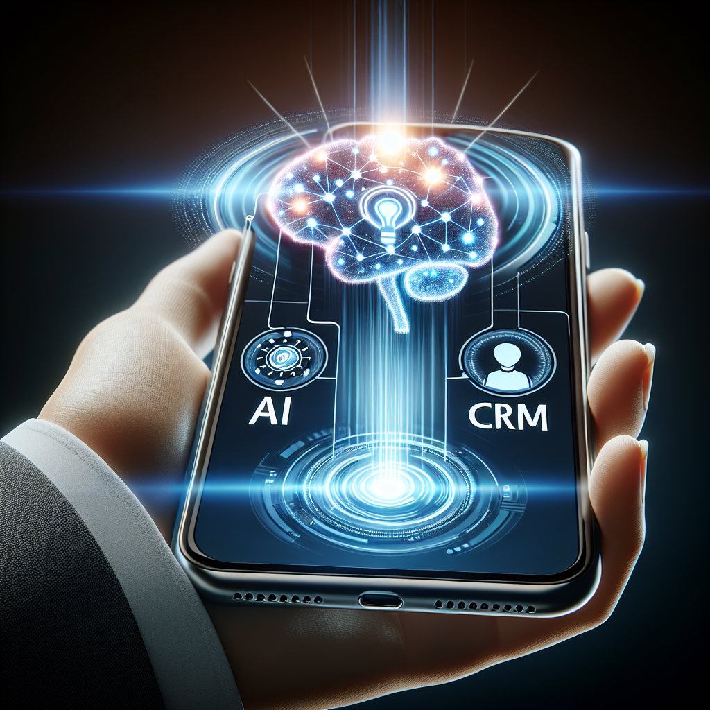 A digital illustration portraying a smartphone with AI and CRM icons symbolizing the integration