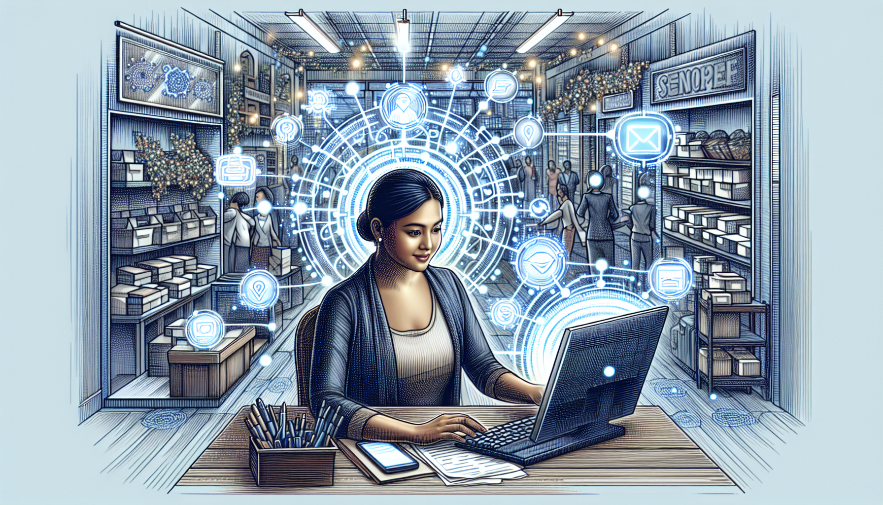 An image showing a small business owner using the My AI Front Desk interface on their computer.