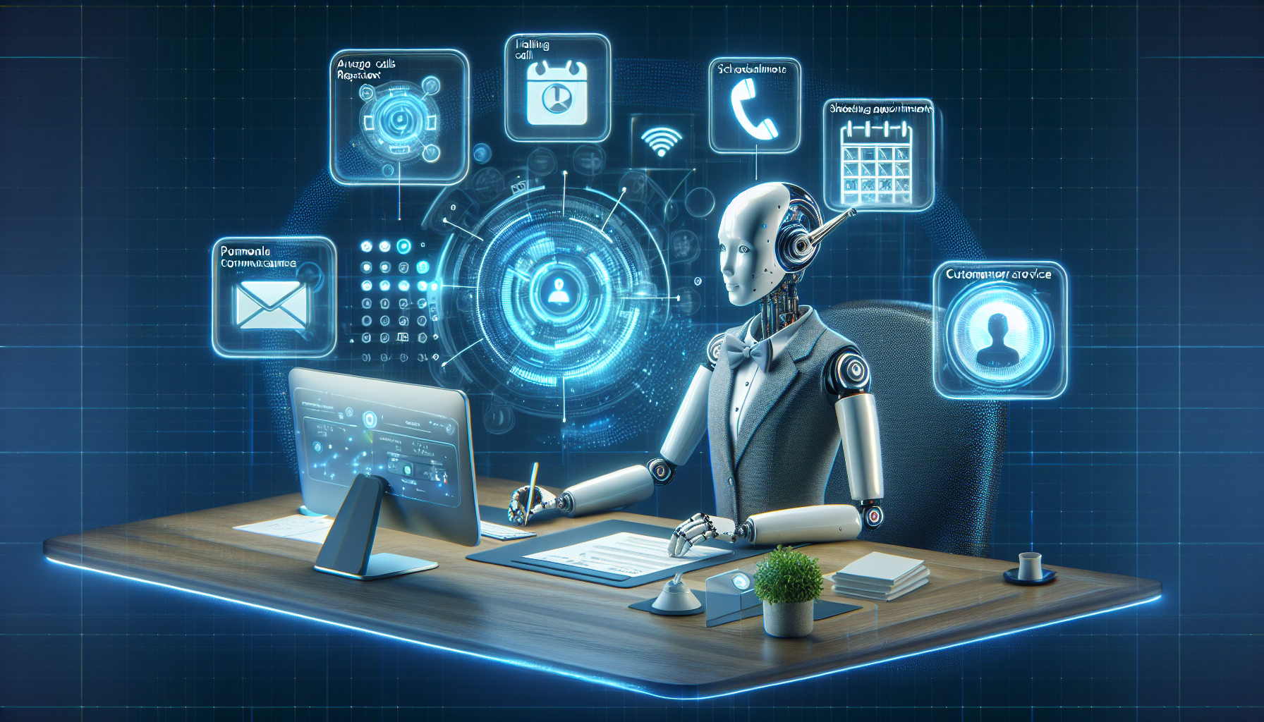 A graphical representation of an AI receptionist at work, showing its role in receiving calls, scheduling appointments, and providing customer service.