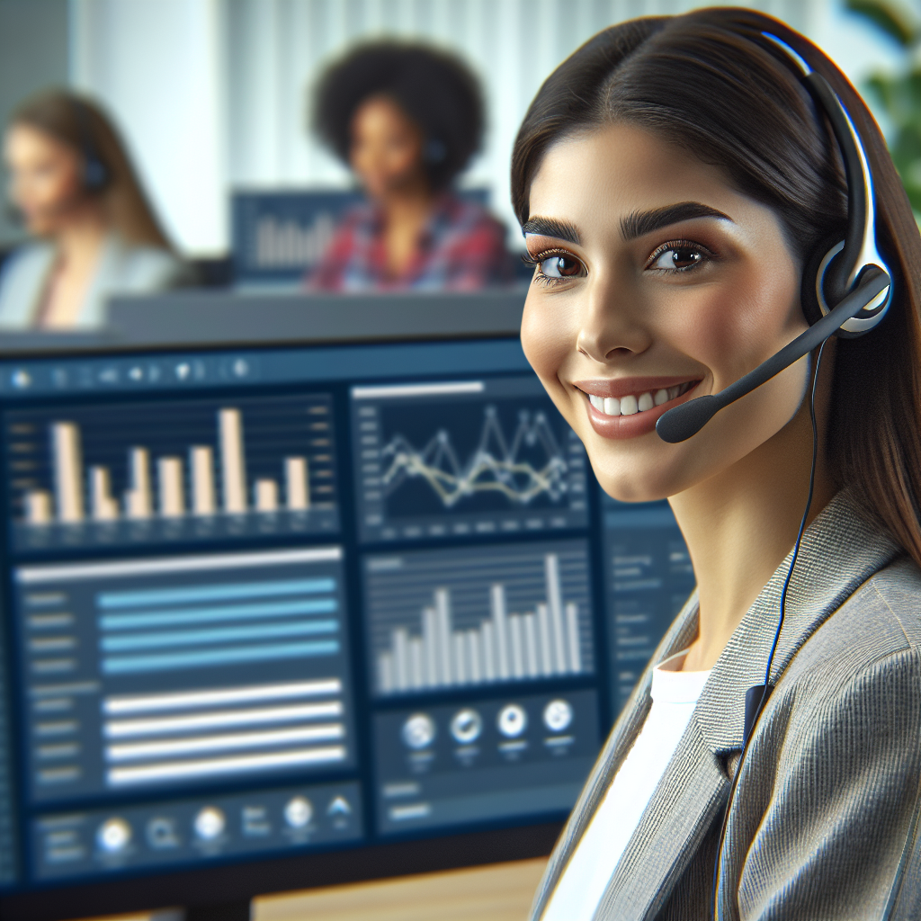 An image illustrating a call center agent wearing a headset, with automated call quality monitoring software interface on a computer screen in the background