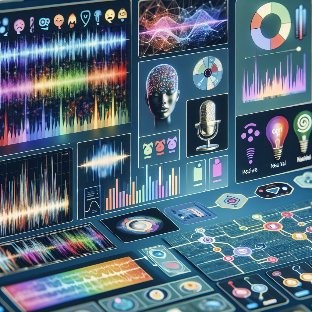 A collage showing different AI tools: sentiment analysis graphs, voice recognition software interface, automated workflow chart