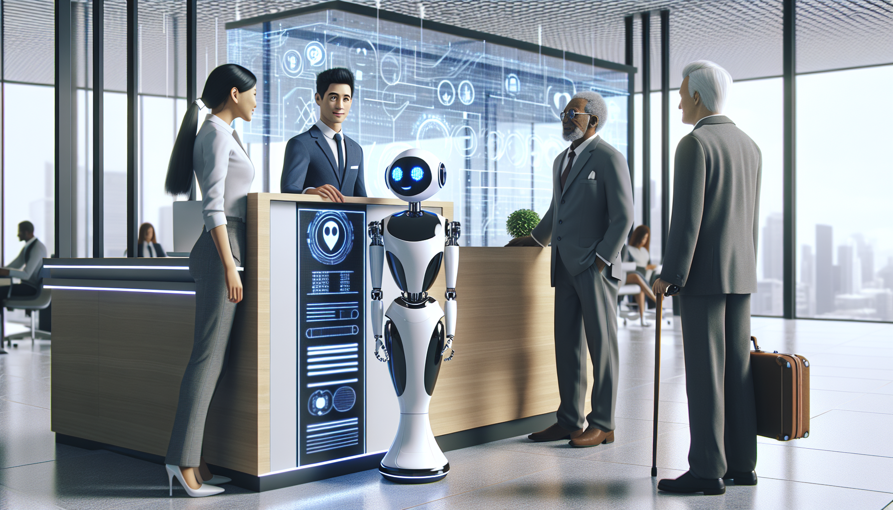 An illustration of an AI receptionist interacting with customers
