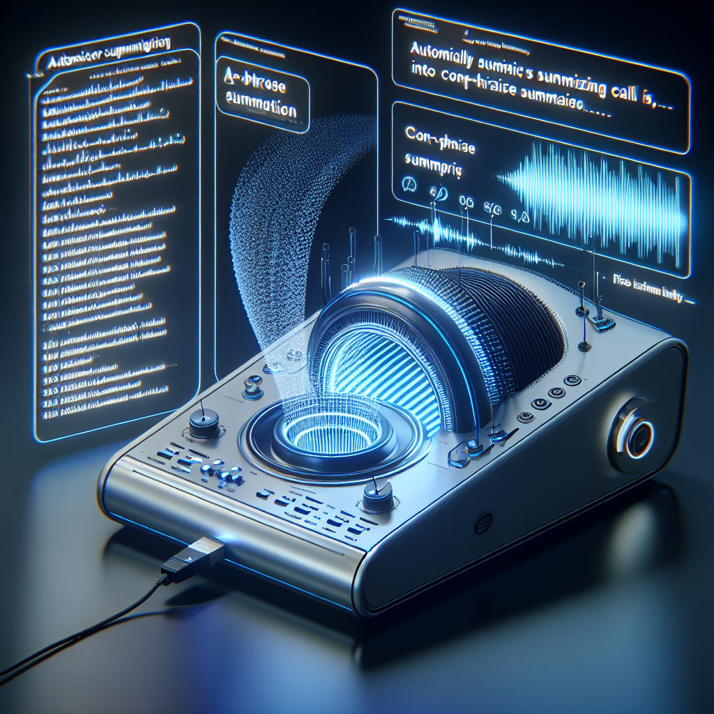 A visual depiction of an automated call summarization system at work, with audio being converted into summarized text.