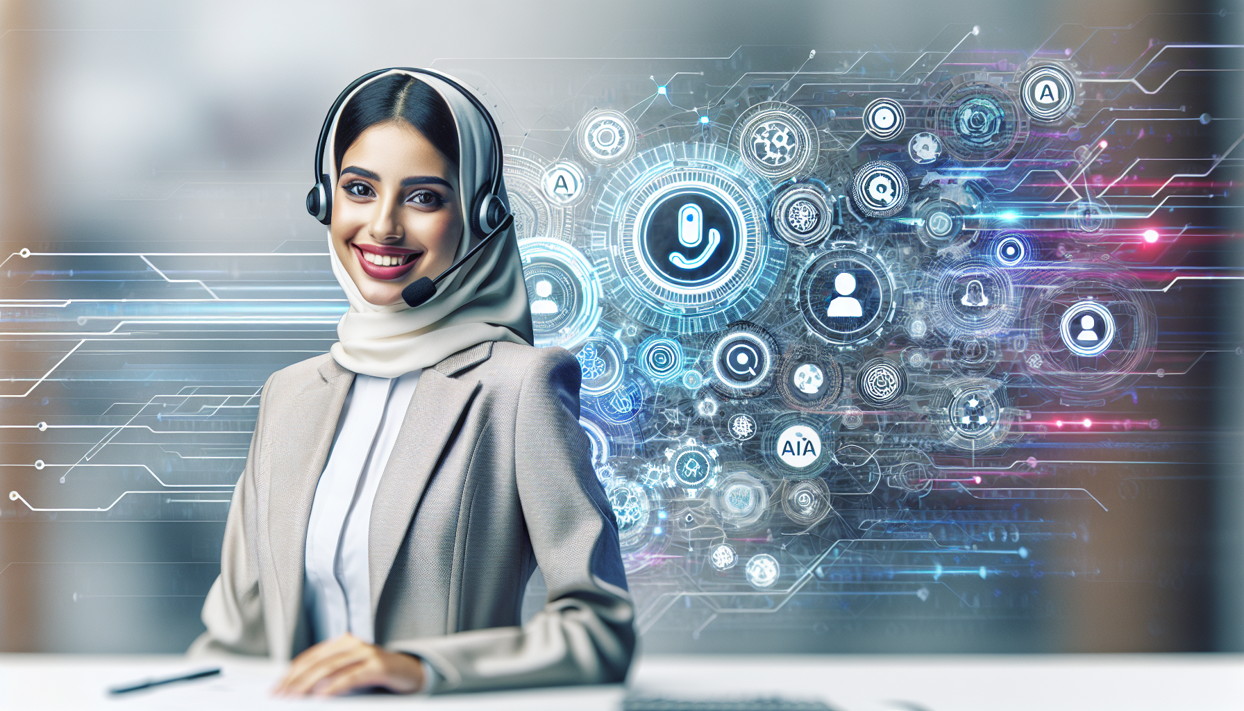 An illustration of a cheerful customer service representative wearing a headset with AI symbols surrounding them to symbolize AI-powered call handling systems
