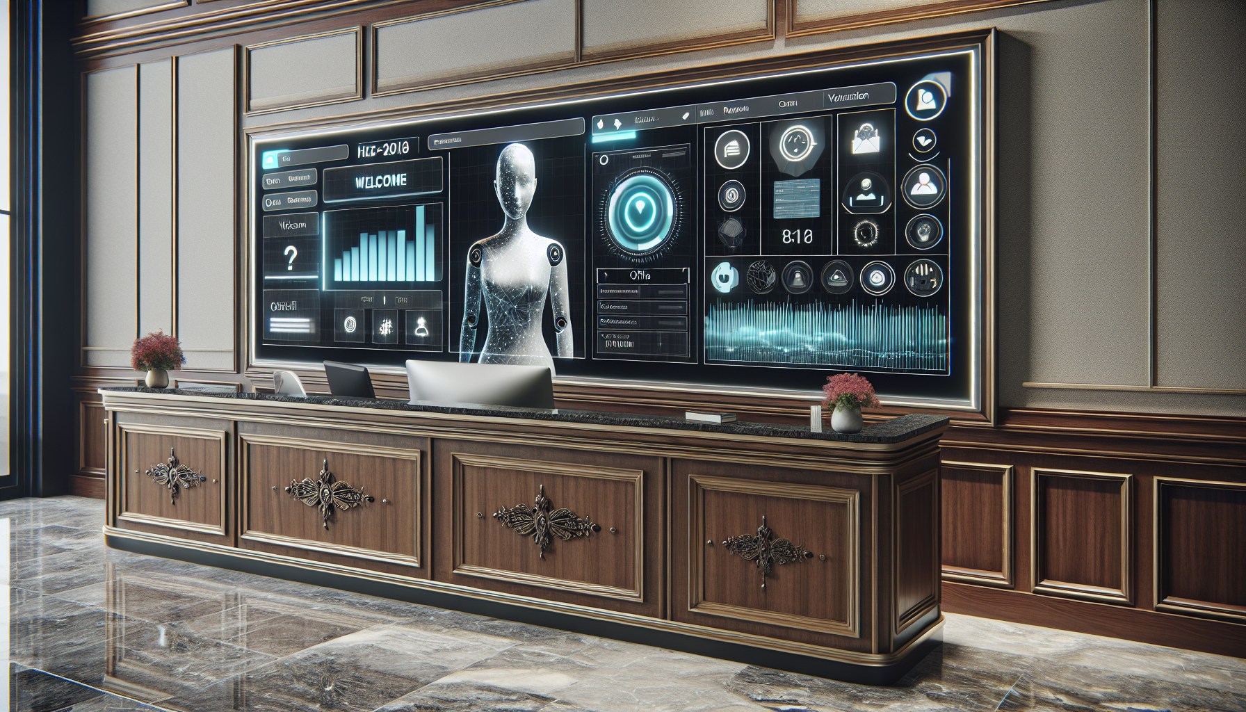 A modern AI receptionist interface displayed on a sleek office front-desk screen.