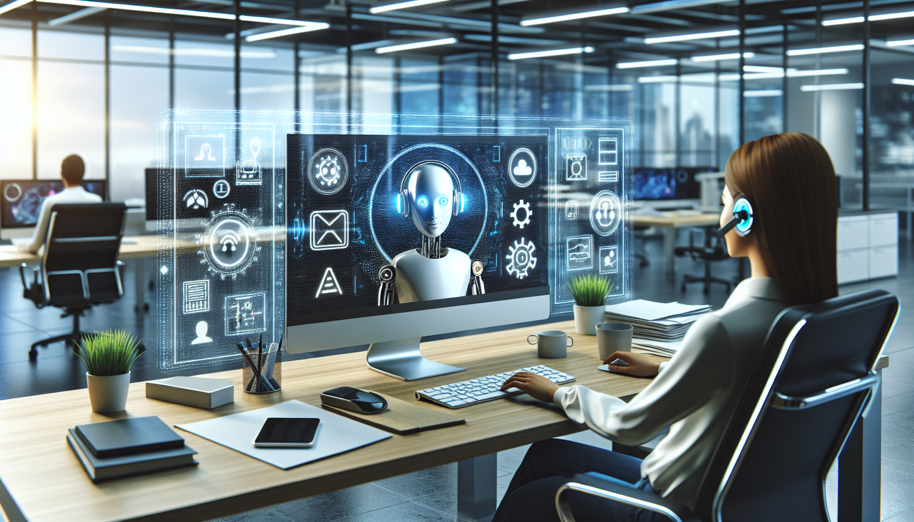 An AI Receptionist at a work desk interacting with a computer screen displaying CRM and project management software logos