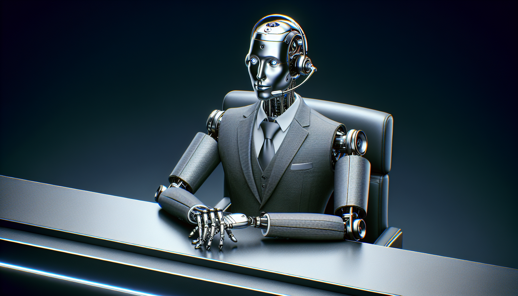 An AI receptionist represented as a robot sitting on a desk with a headset, indicating handling calls