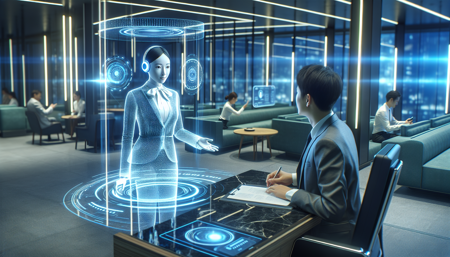 A technological concept image showing an AI receptionist interacting with a customer on a digital interface
