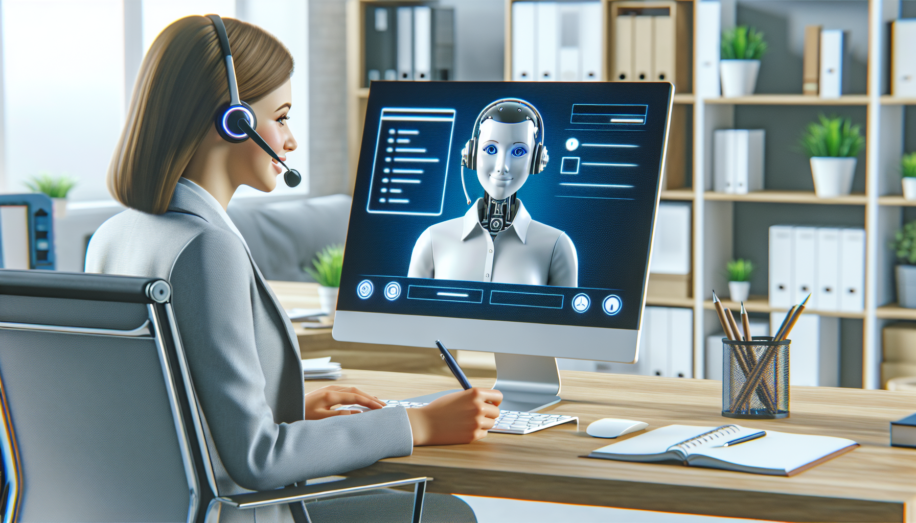 An AI receptionist avatar on a computer screen in a customer service setup.