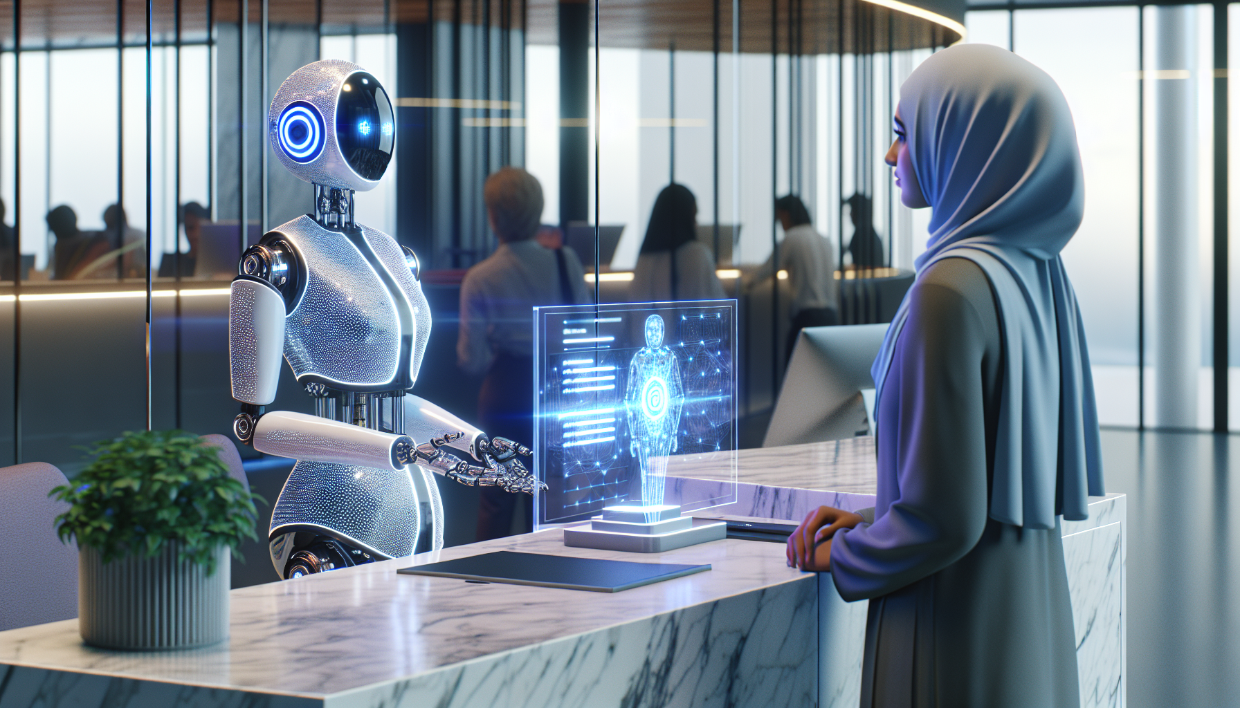 An image showing an AI-powered receptionist assisting a customer.