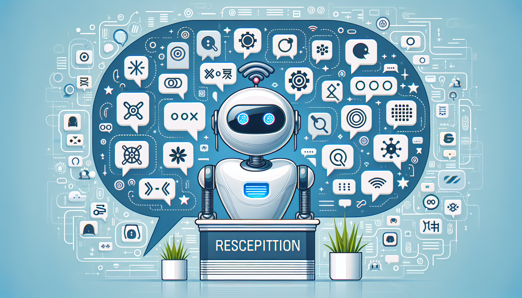 An AI receptionist represented by an intelligent robot, with speech bubbles signifying its capacity to understand and respond to different human languages and dialects.