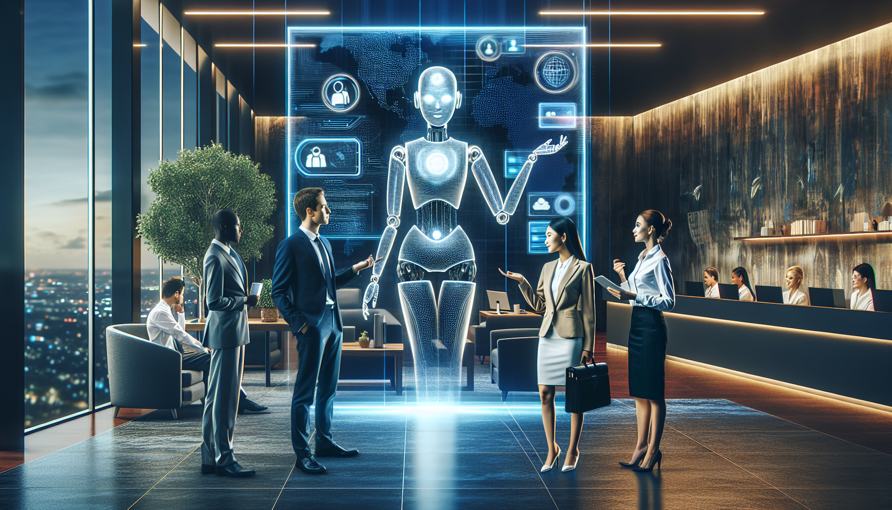A business automation scene displaying a AI receptionist interacting with clients