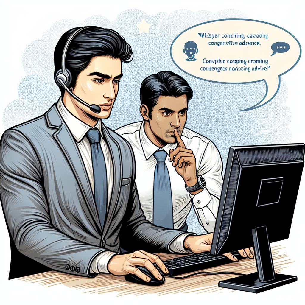 An agent at a call center receiving whisper coaching during a live call