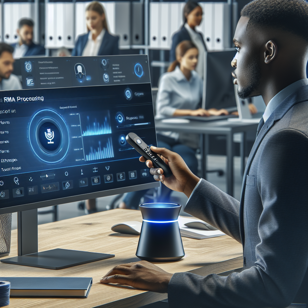 An image showing a voice-activated RMA processing system in action, preferably in a customer service setting