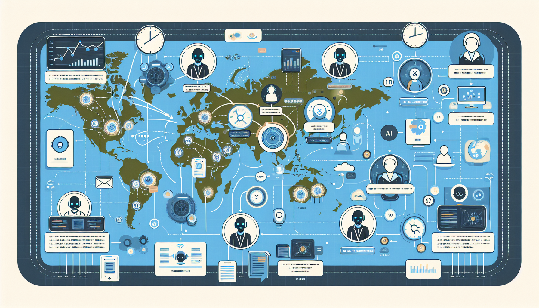 A digital infographic showcasing how AI receptionists operate across various time zones