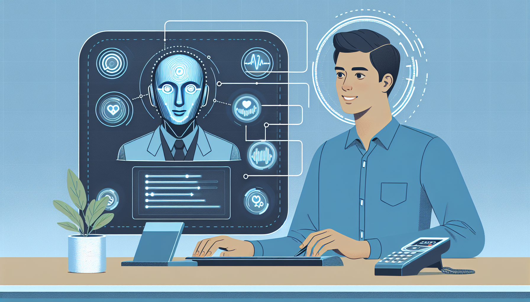 An image illustrating a user interacting with an AI receptionist system, with emotion recognition technology assisting the process.