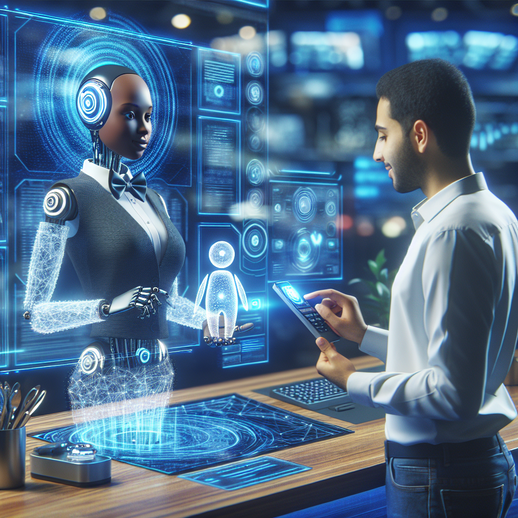 A digital illustration depicting an AI receptionist helping a customer with their IoT device