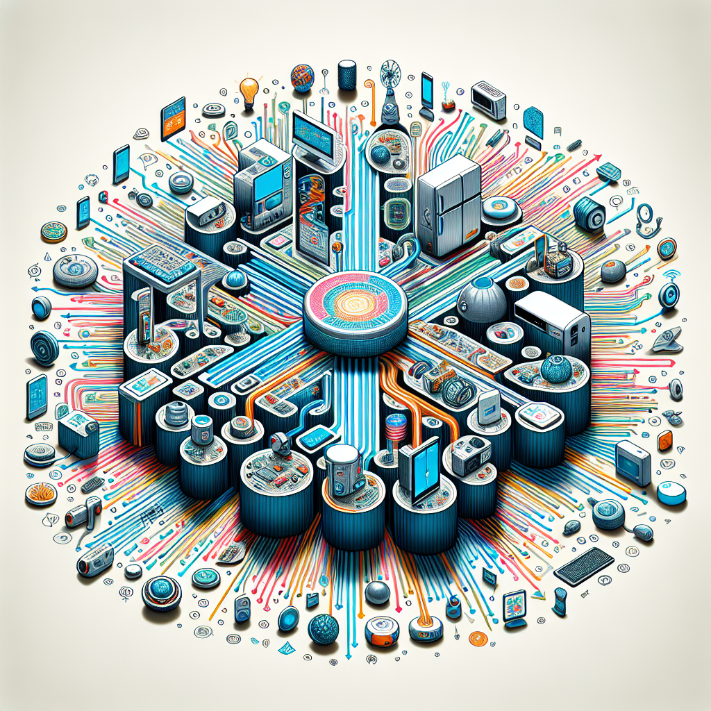 A cross-section of diverse IoT devices with arrows pointing to a central hub symbolising the universal compatibility system.
