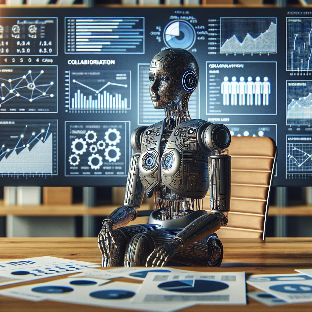 An AI model sitting on a desk with charts of collaboration metrics