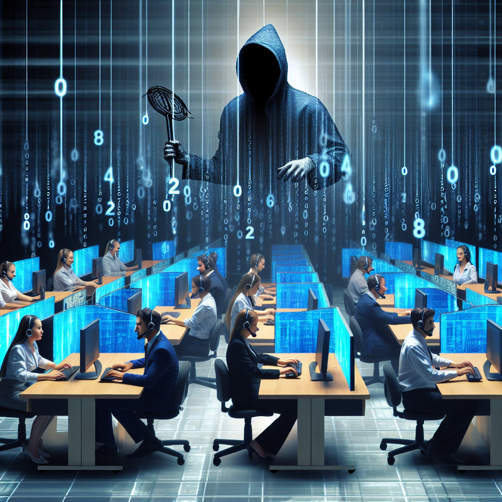 An image showing a call center with data being siphoned off symbolically to represent data theft