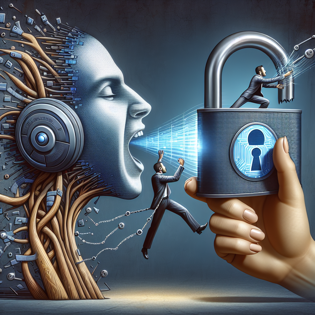 An illustrative image showing a speaker ripping through a digital lock, symbolizing voice-based account access security