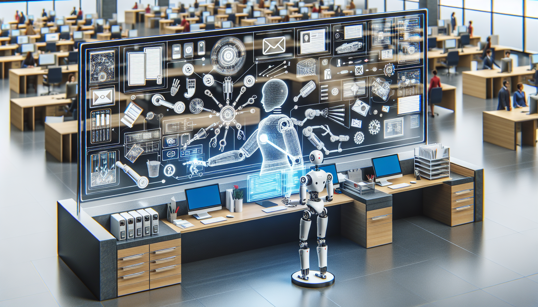 An AI-powered robot at a reception desk, demonstrating its multiple functionalities.