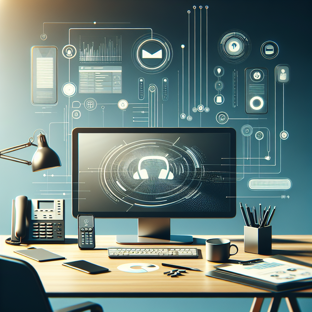 A visually appealing image of a professional office setting, with a phone and a computer displaying a voicemail interface, conveying productivity and efficiency.