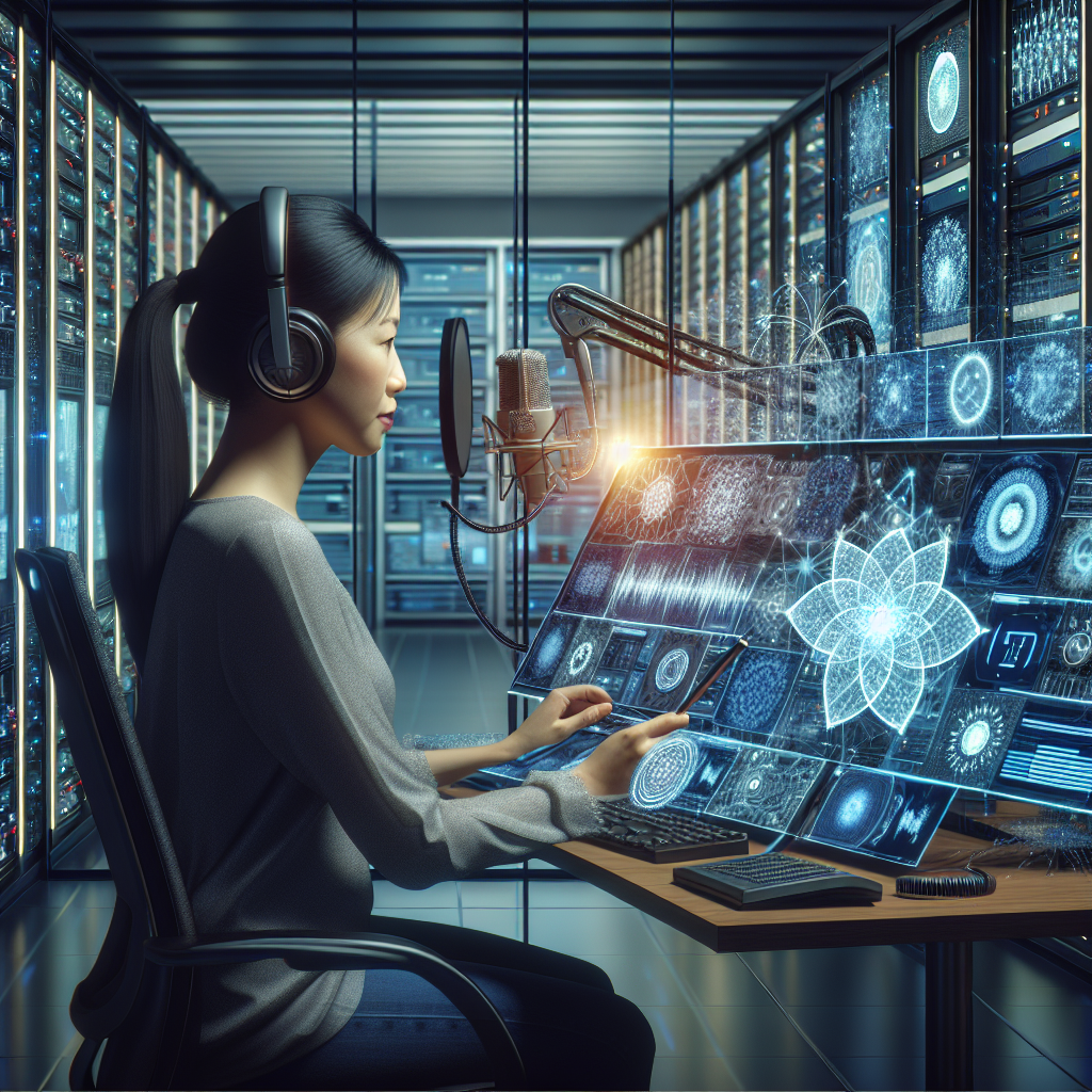 A person professionally recording a voicemail message in a modern office setting, surrounded by technology, showing a connection between AI and communication.