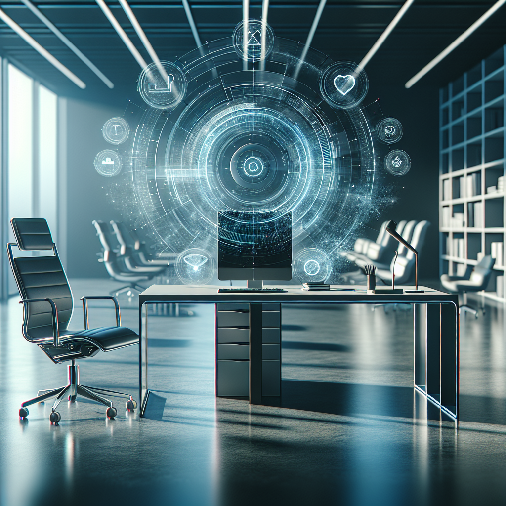 A sleek, modern office setup with a digital interface displaying customized voicemail messages, highlighting the blend of technology and professionalism.