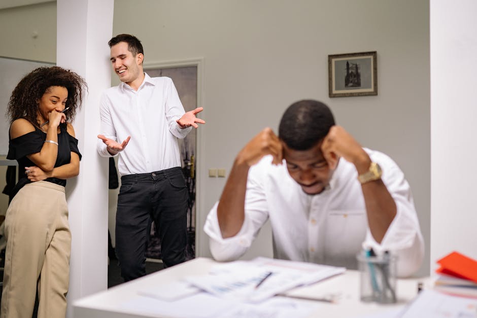 A friendly office setting where a team is laughing together, emphasizing humor in business.