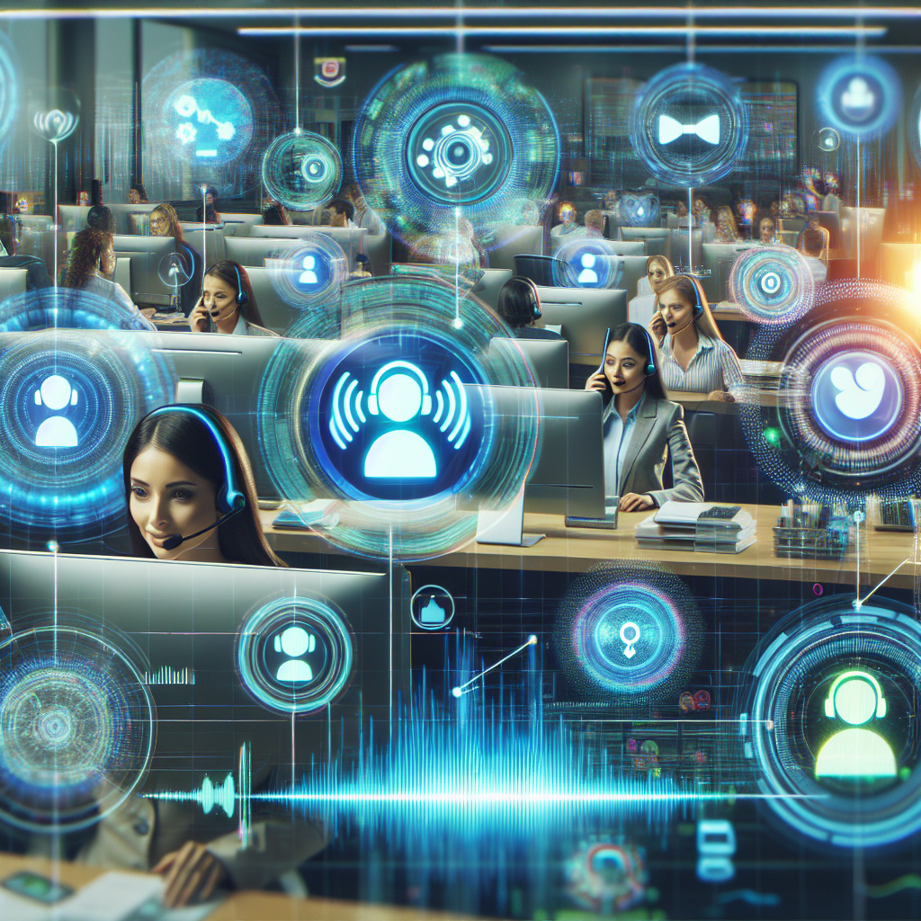 A busy customer service desk with an overlay of AI elements like chatbots or voice assistant icons.
