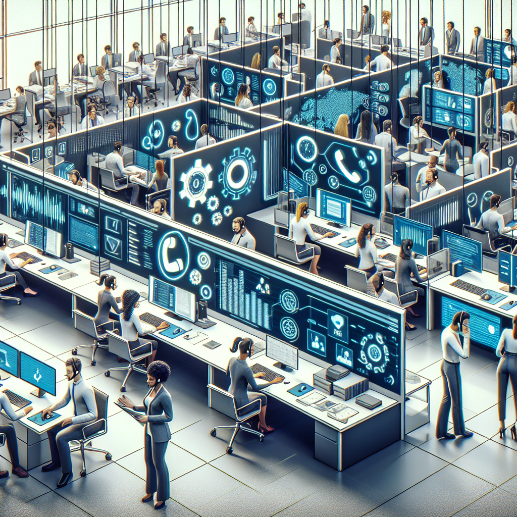 A modern call center bustling with activity, perhaps with an infographic or representational icon indicating the use of AI systems.
