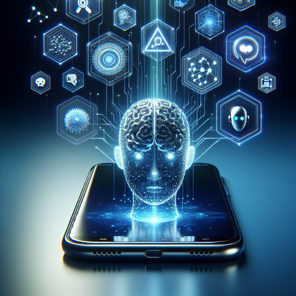 An image showing a mobile phone with AI-related icons floating above the screen, depicting the interaction between AI and phone-based systems.