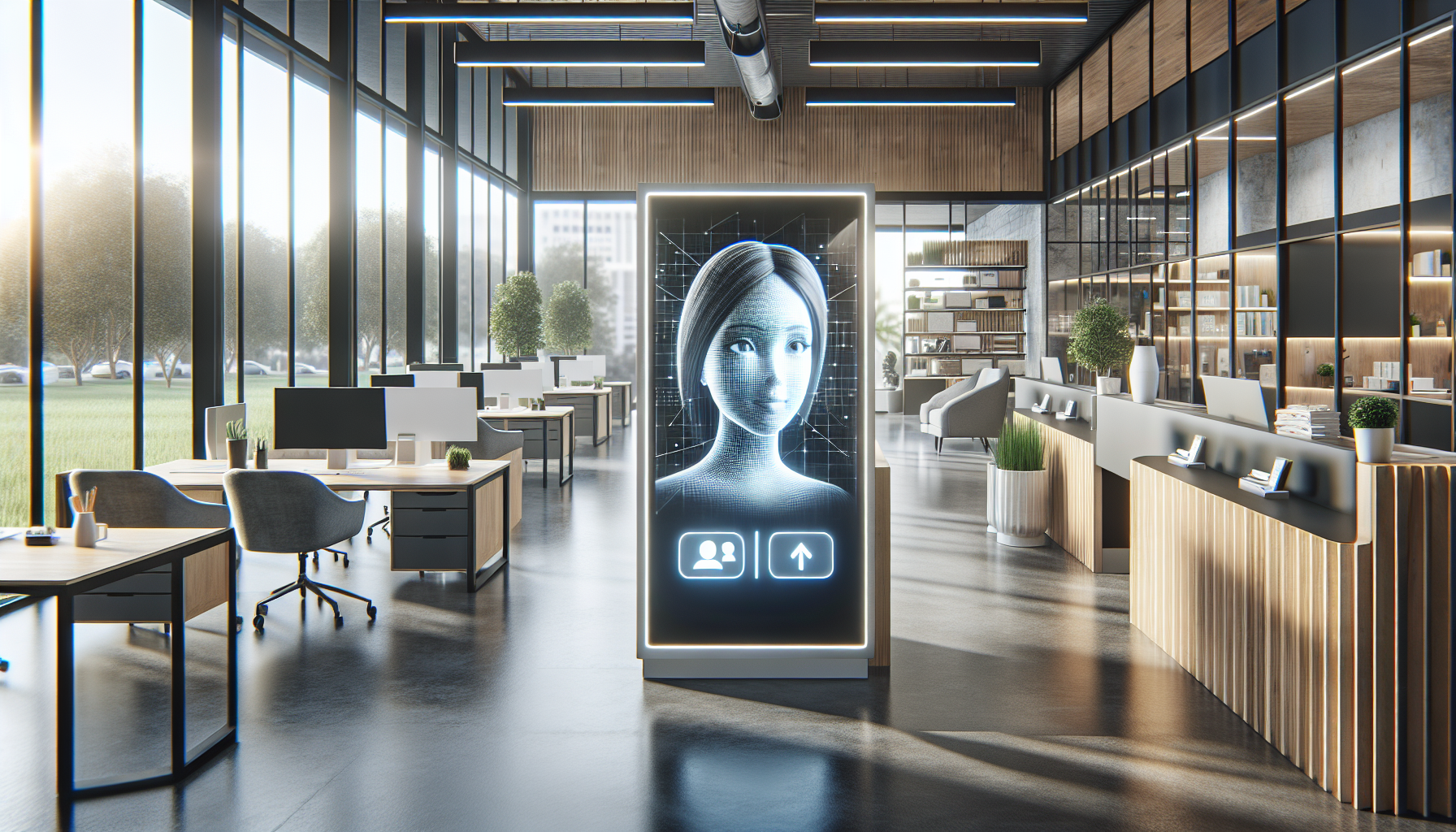 An office setting with an AI Receptionist represented as a screen displaying a conversational interface